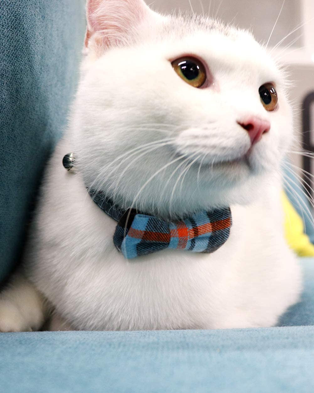 Upgraded Cat Collar with Bells, Breakaway Cat Collars with Bow Tie, 1 Pack Girl Boy Safety Plaid Kitten Collars, Haze Blue