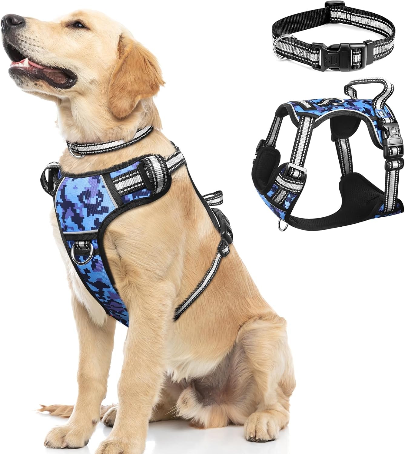 Dog Harness Camo, No Pull Pet Harness with Dog Collar, Adjustable Reflective Padded Outdoor Vest, Front/Back Leash Clips for Small, Medium, Large, X Large Dogs, Easy Control Handle for Walking