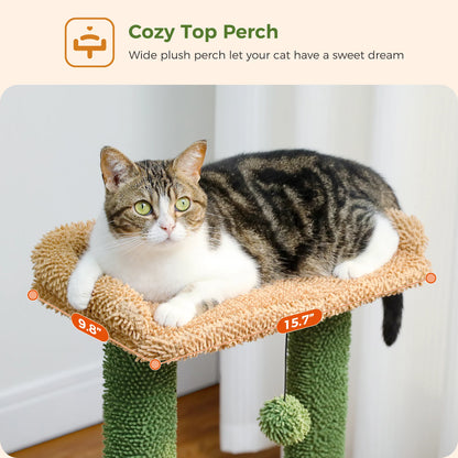 Cat Tree 33" Cute Flower Cat Scratching Posts Tower with Large Top Perch and Hammock for Medium Indoor Cats, Pink