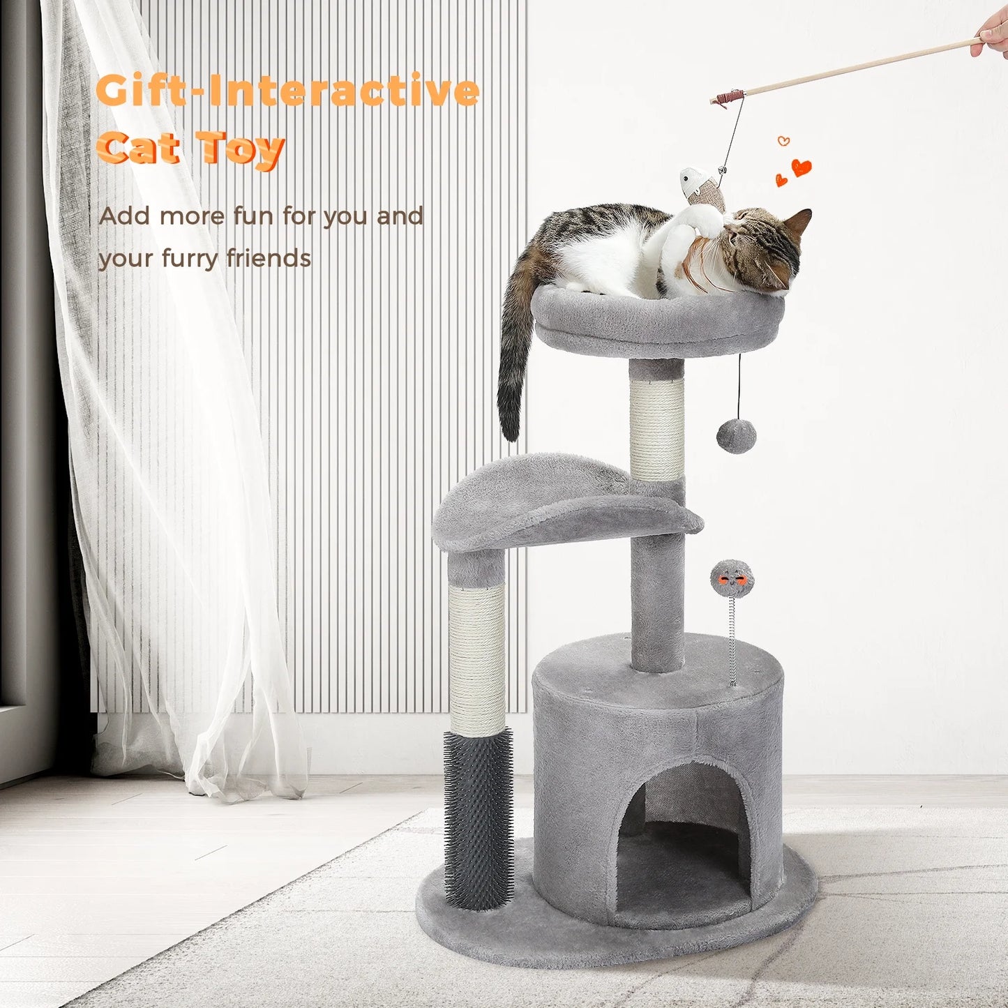 32.7" Cat Tree Small Cat Tower Kitten Scratching Posts Condo with Sefl-Grooming Toy, Gray