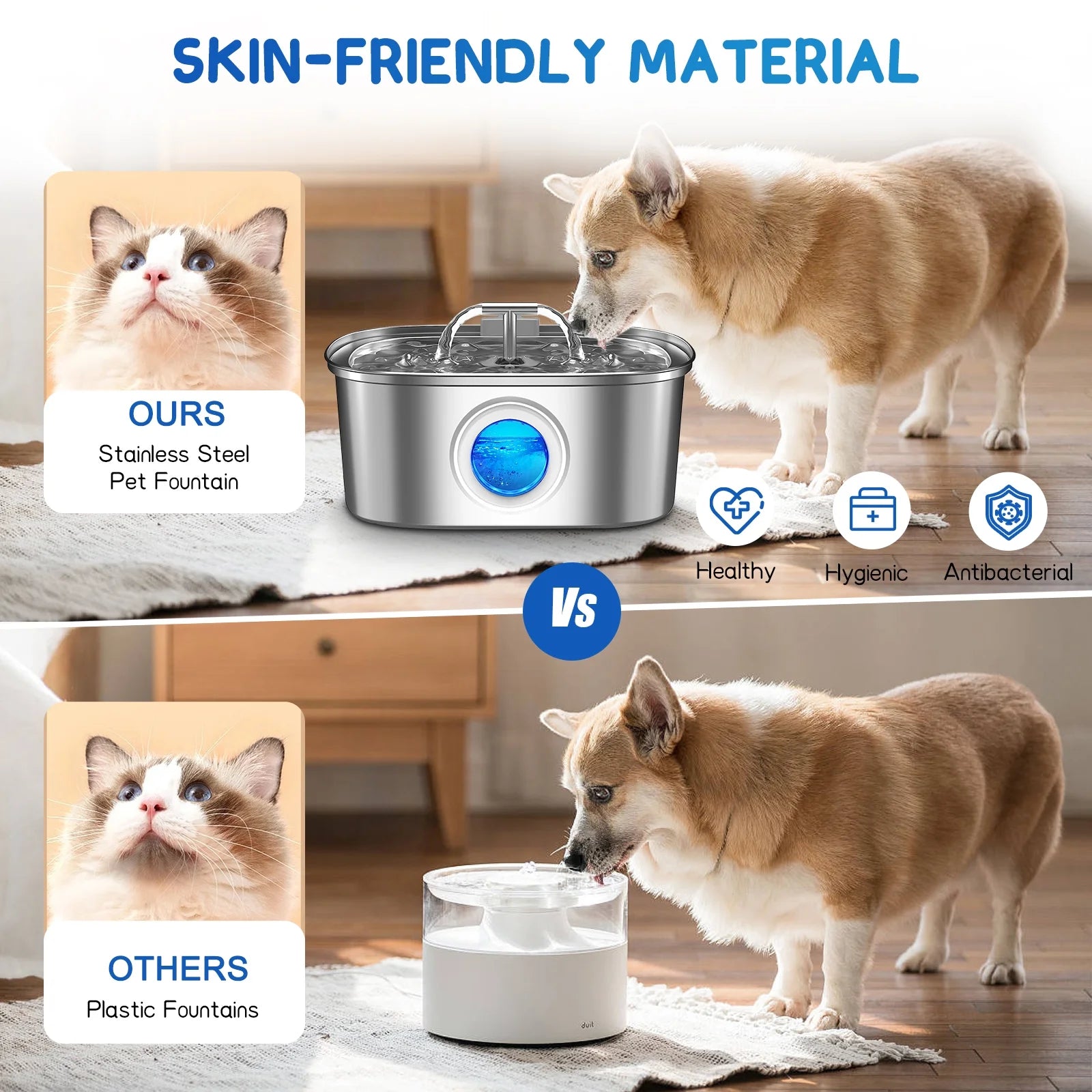 Cat Water Fountain Stainless Steel,  108Oz/3.2L Pet Fountain with Water Level Window, Dog Water Dispenser Drinking Fountain with 4 Replacement Filters for Cats, Dogs, Multiple Pets